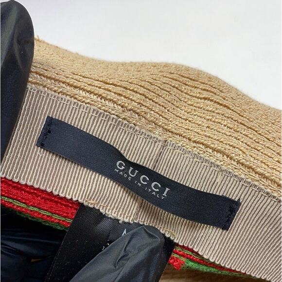 AUTH GUCCI Straw Fedora Hat Red Green Web Stripe Unisex Size Medium - Picture 8 of 9